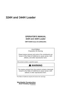 John Deere 324H and 344H Loader Operator manual OMT183945 — actual manual cover