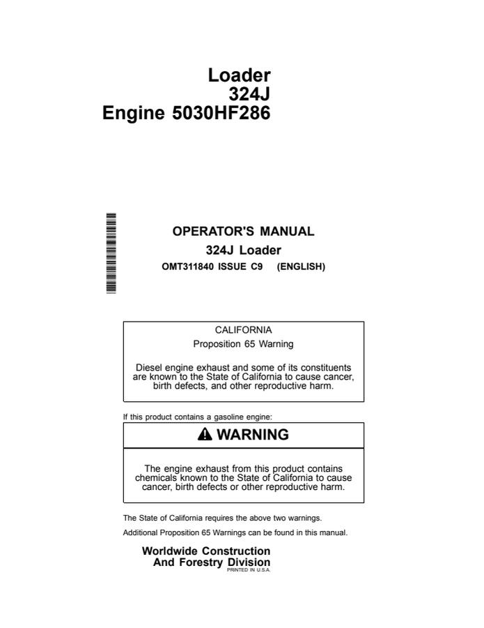 John Deere 324J Loader Operator manual OMT311840 — actual manual cover
