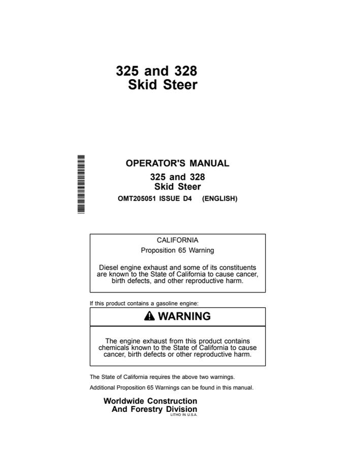 John Deere 325 and 328 Skid steer loader Operator manual OMT205051 — actual manual cover