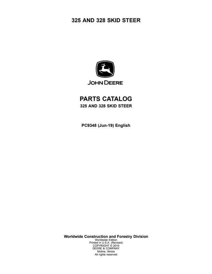 John Deere 325 and 328 Skid steer Parts catalog PC9348 — actual manual cover
