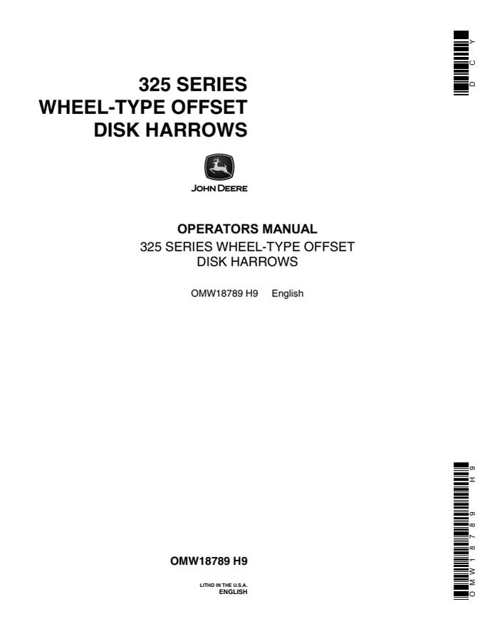 John Deere 325 Series Offset disk harrow Operator manual OMW18789 — actual manual cover