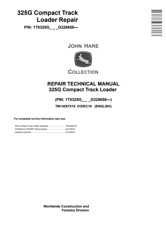 John Deere 325G Compact Track Loader Repair Technical Manual TM14297X19 — actual manual cover