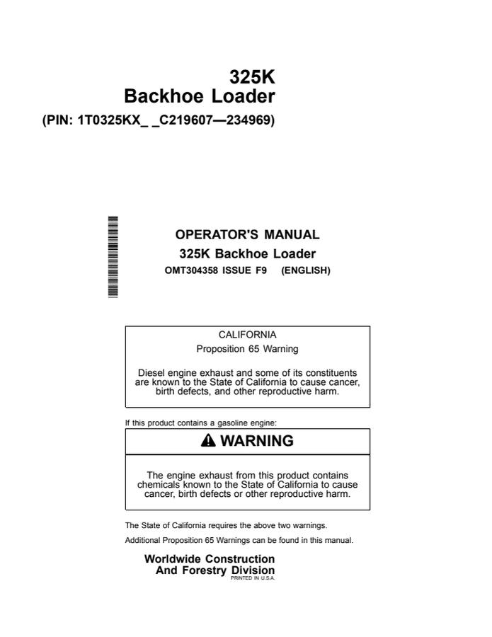 John Deere 325K Backhoe loader Operator manual OMT304358 — actual manual cover