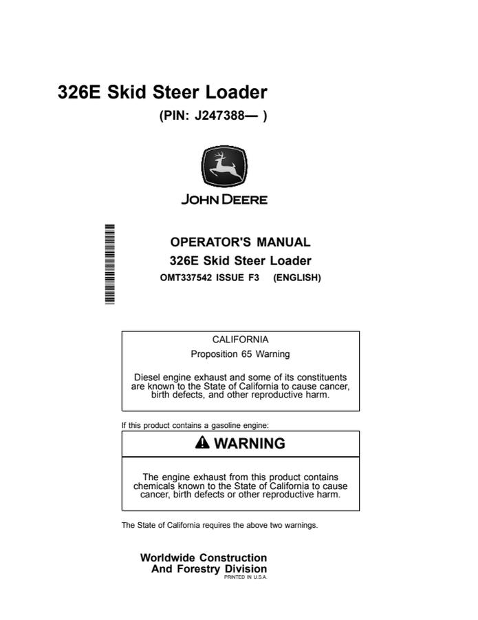 John Deere 326E Skid steer loader Operator manual OMT337542 — actual manual cover