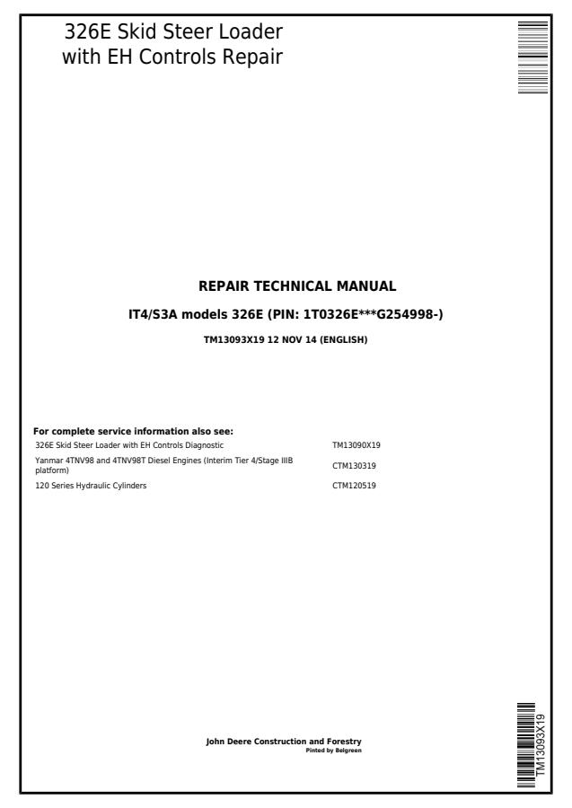 John Deere 326E Skid Steer Loader Repair Technical Manual TM13093X19 — actual manual cover