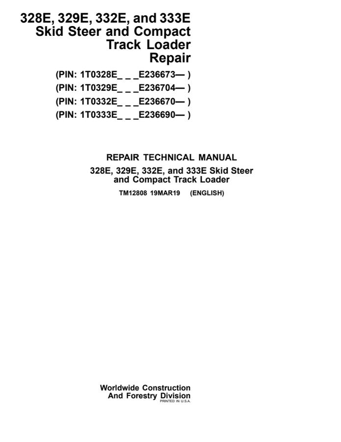 John Deere 328E, 329E, 332E and 333E Skid Steer and Compact Track Loaders Repair Manual — actual manual cover