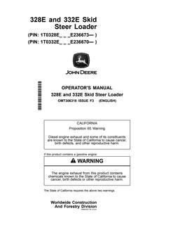John Deere 328E and 332E Skid steer loader Operator manual OMT306318 — actual manual cover