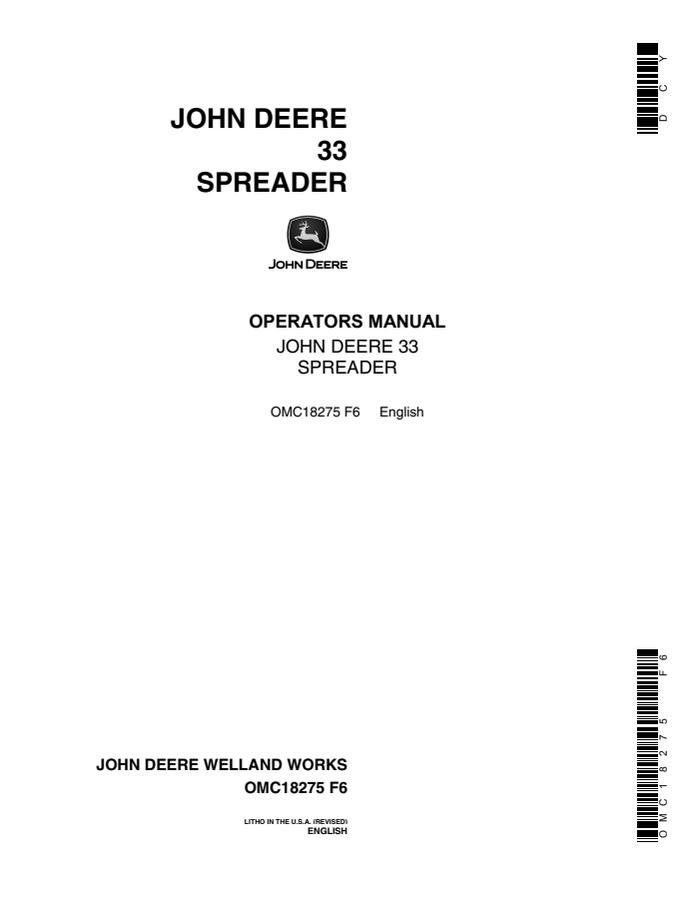 John Deere 33 Spreader Operator manual OMC18275 — actual manual cover
