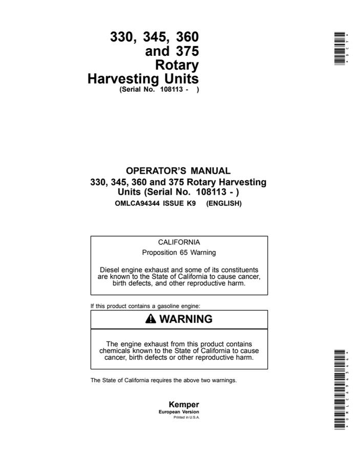 John Deere 330, 345, 360 and 375 Rotary harvesting unit Operator manual OMLCA94344 — actual manual cover