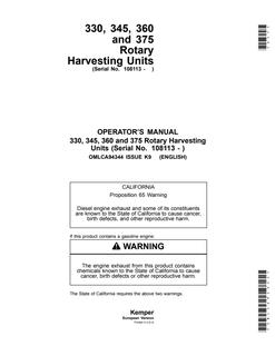 John Deere 330, 345, 360 and 375 Rotary harvesting unit Operator manual OMLCA94344 — actual manual cover