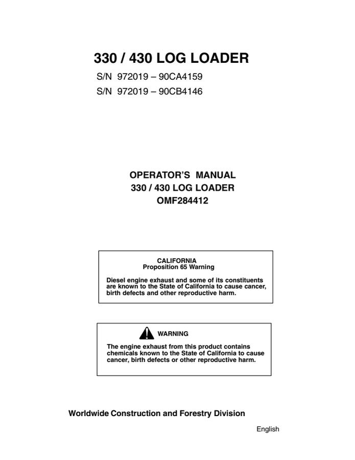 John Deere 330 and 430 Log loader Operator manual OMF284412 — actual manual cover