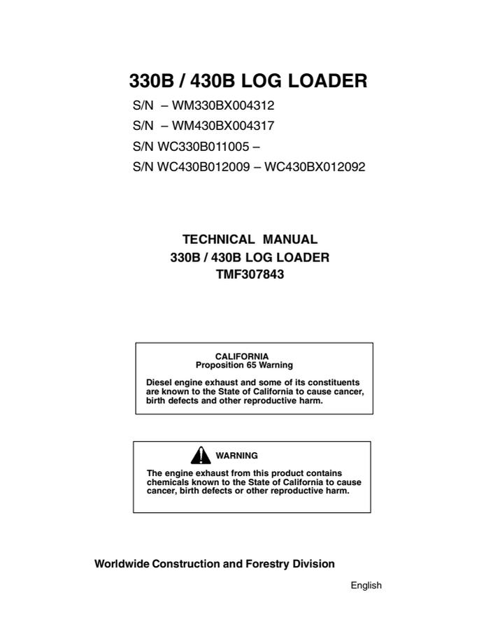 John Deere 330B, 430B Log loader Technical manual — actual manual cover
