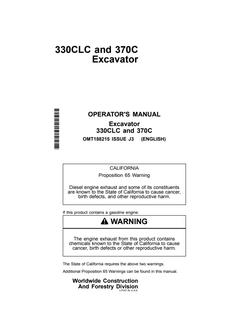 John Deere 330CLC and 370C Excavator Operator manual OMT188215 — actual manual cover