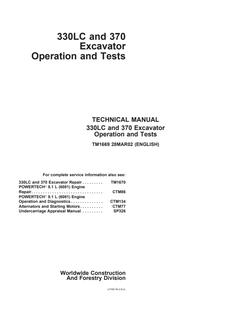 John Deere 330LC, 370 Excavator Operation and tests manual TM1669 — actual manual cover