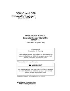 John Deere 330LC and 370 Excavator logger Operator manual OMT186763 — actual manual cover