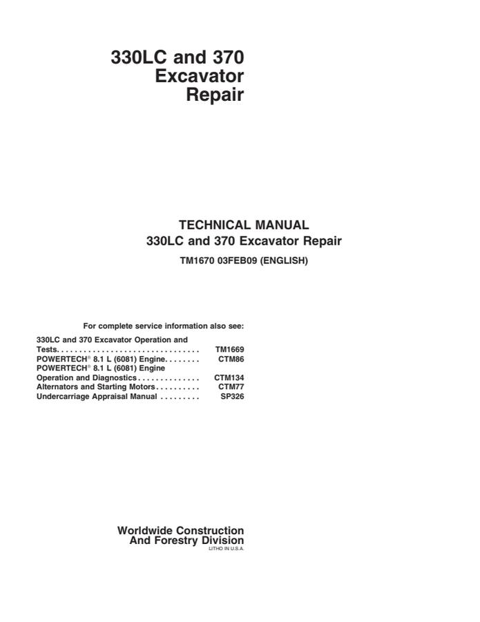 John Deere 330LC and 370 Excavators Repair Manual — actual manual cover