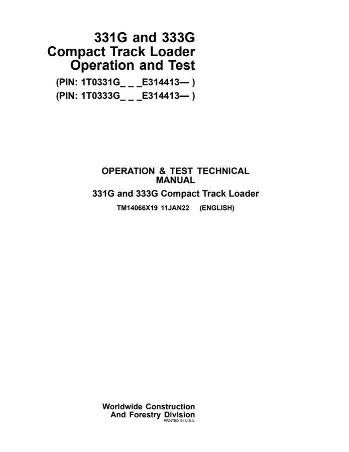 John Deere 331G, 333G Compact Track Loader Operation and Test Technical Manual TM14066X19 — actual manual cover