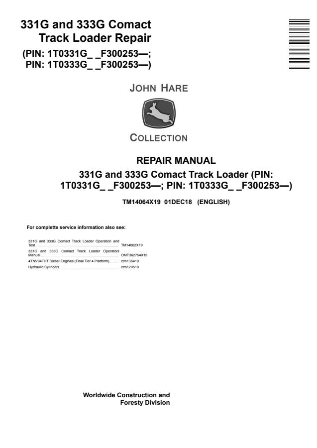 John Deere 331G, 333G Compact Track Loader Repair Manual TM14064X19 — actual manual cover