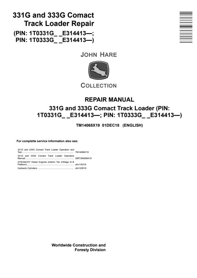 John Deere 331G, 333G Compact Track Loader Repair Manual TM14068X19 — actual manual cover