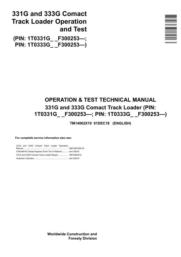 John Deere 331G and 333G Compact Track Loader Operation and Test Technical Manual TM14062X19 — actual manual cover