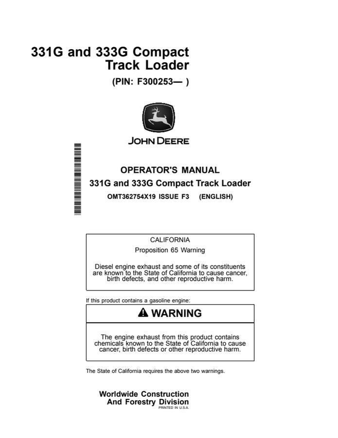John Deere 331G and 333G Compact track loader Operator manual OMT362754X19 — actual manual cover