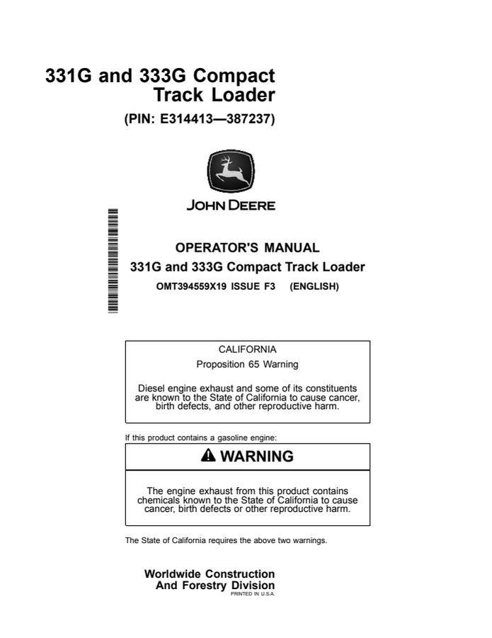 John Deere 331G and 333G Compact track loader Operator manual OMT394559X19 — actual manual cover
