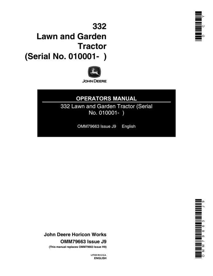John Deere 332 Lawn and garden tractor Operator manual OMM79663 — actual manual cover