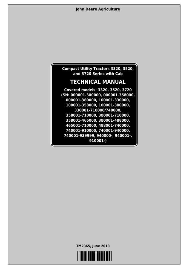 John Deere 3320, 3520, 3720 Compact utility tractor Technical manual TM2365 — actual manual cover
