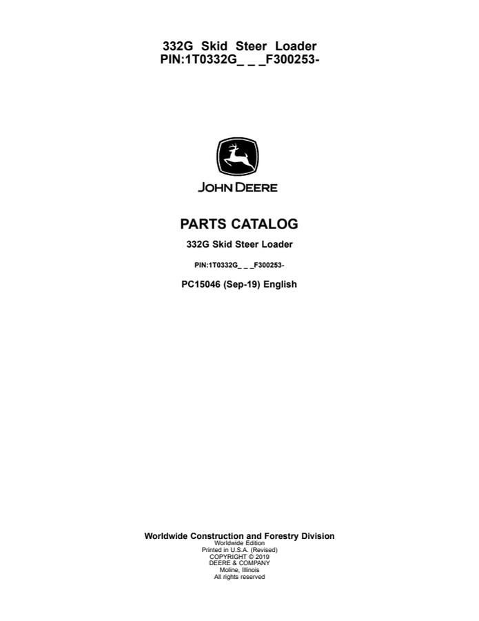 John Deere 332G Skid Steer Loader Parts Catalog PC15046 — actual manual cover