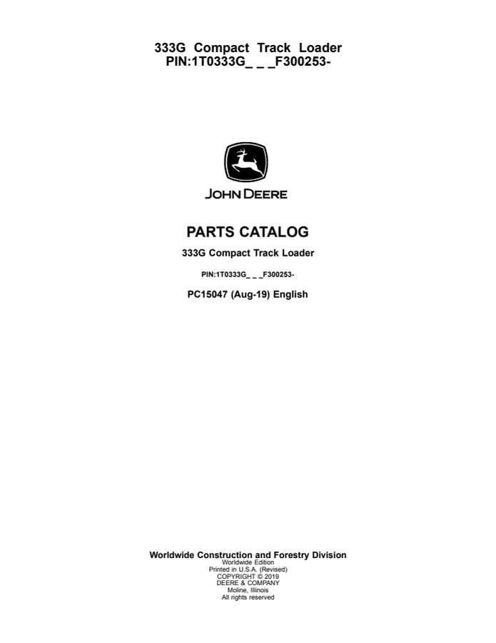 John Deere 333G Compact Track Loader Parts Catalog — actual manual cover