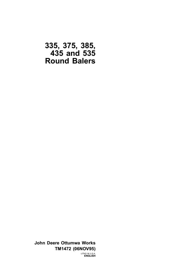 John Deere 335, 375, 385, 435, 535 Round Baler Technical Manual TM1472 — actual manual cover