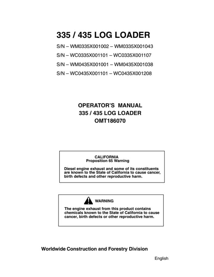 John Deere 335 and 435 Log loader Operator manual OMT186070 — actual manual cover
