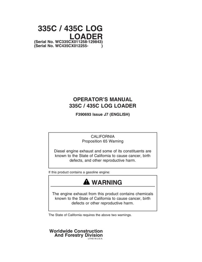 John Deere 335C, 435C Log loader Operator Manual F390693 — actual manual cover