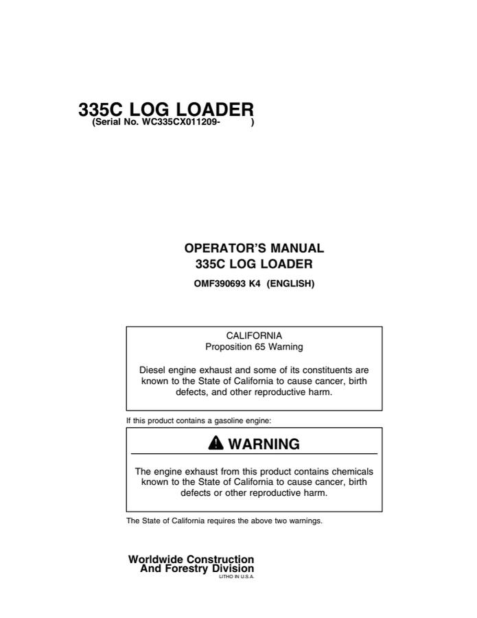 John Deere 335C Log loader Operator manual OMF390693 — actual manual cover