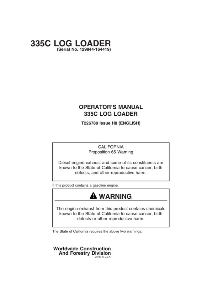 John Deere 335C Log loader Operator manual T226789 — actual manual cover