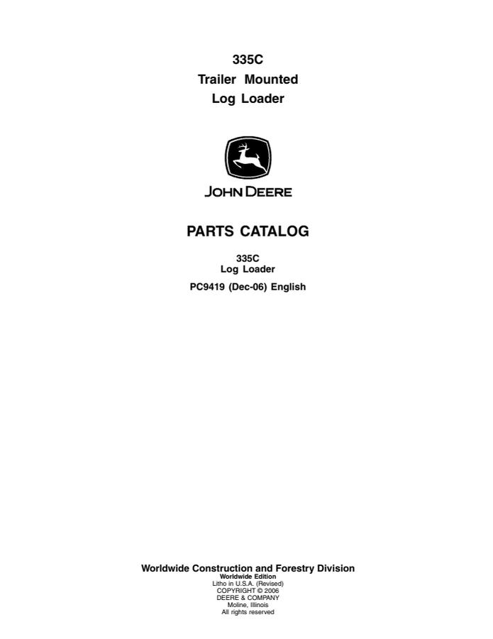 John Deere 335C Log loader Parts catalog PC9419 — actual manual cover