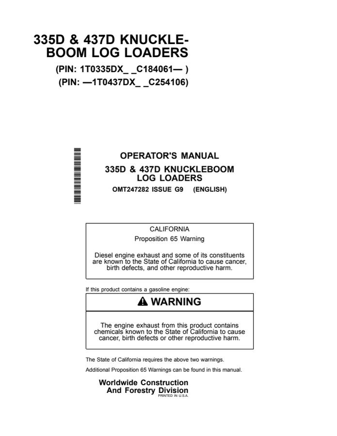 John Deere 335D and 437D Log loader Operator manual OMT247282 — actual manual cover
