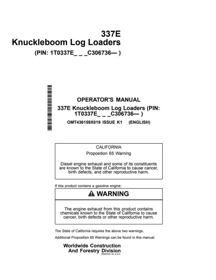 John Deere 337E Log loader Operator manual OMT436159X019 — actual manual cover