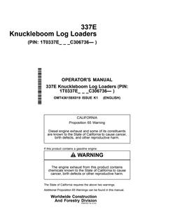 John Deere 337E Log loader Operator manual OMT436159X019 — actual manual cover