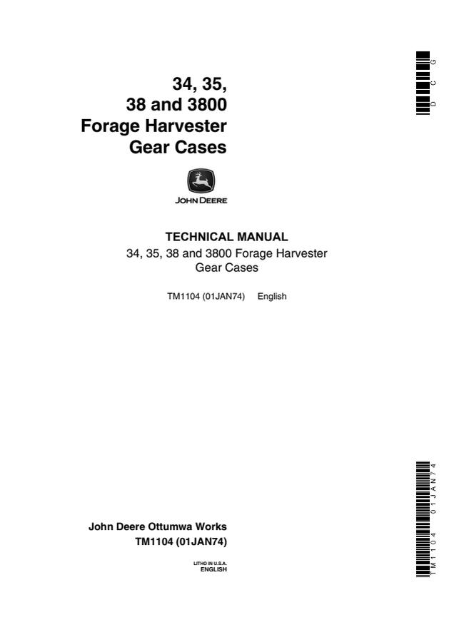 John Deere 34, 35, 38, 3800 Forage Harvester Gear Cases Technical Manual TM1104 — actual manual cover