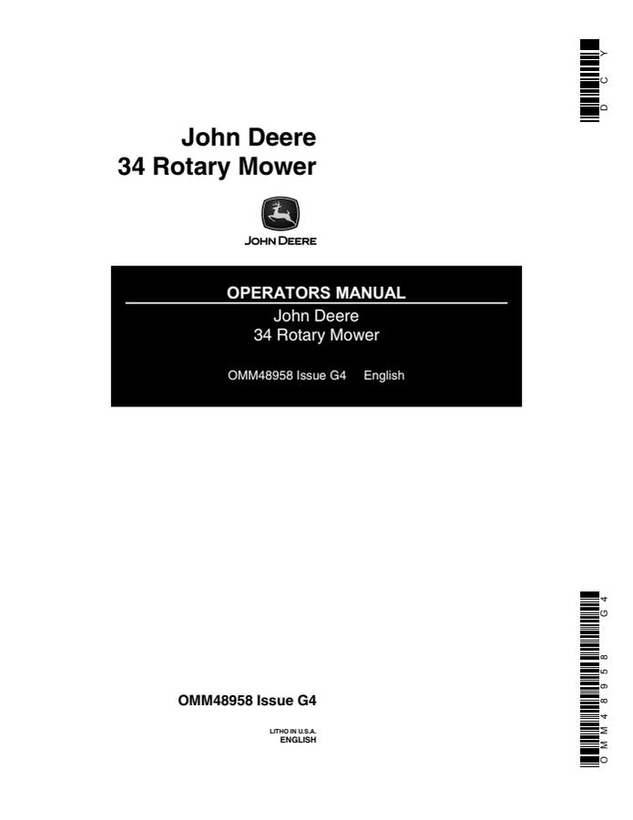 John Deere 34 Rotary mower Operator manual OMM48958 — actual manual cover