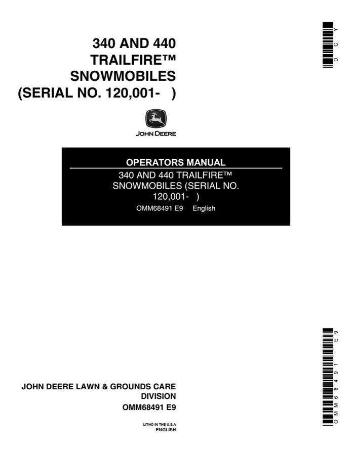 John Deere 340 and 440 Trailfire Snowmobile Operator manual OMM68491 — actual manual cover