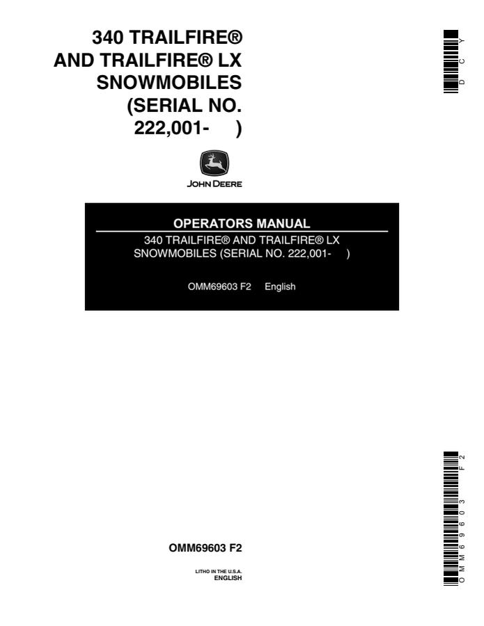 John Deere 340 Trailfire and Trailfire LX Snowmobile Operator manual OMM69603 — actual manual cover
