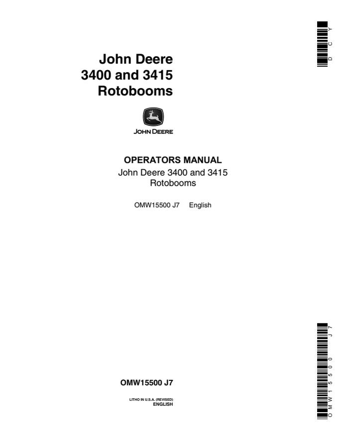 John Deere 3400 and 3415 Rotoboom Operator manual OMW15500 — actual manual cover