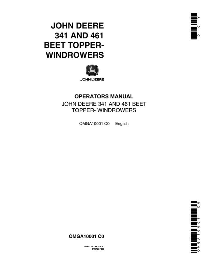 John Deere 341 and 461 Beet topper-windrower Operator manual OMGA10001 — actual manual cover