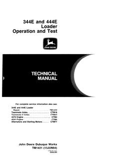 John Deere 344E, 444E Loader Operation and Test Technical Manual TM1421 — actual manual cover