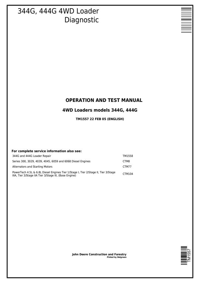 John Deere 344G and 444G 4WD Loader Diagnostic Operation and Test Manual — actual manual cover