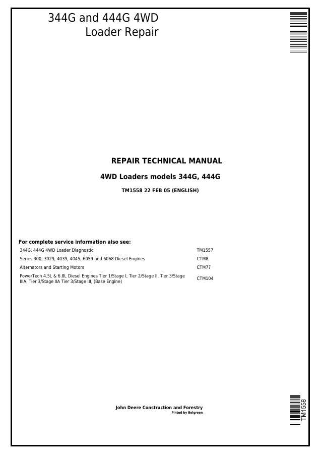 John Deere 344G and 444G 4WD Loader Repair Technical Manual (TM1558) — actual manual cover