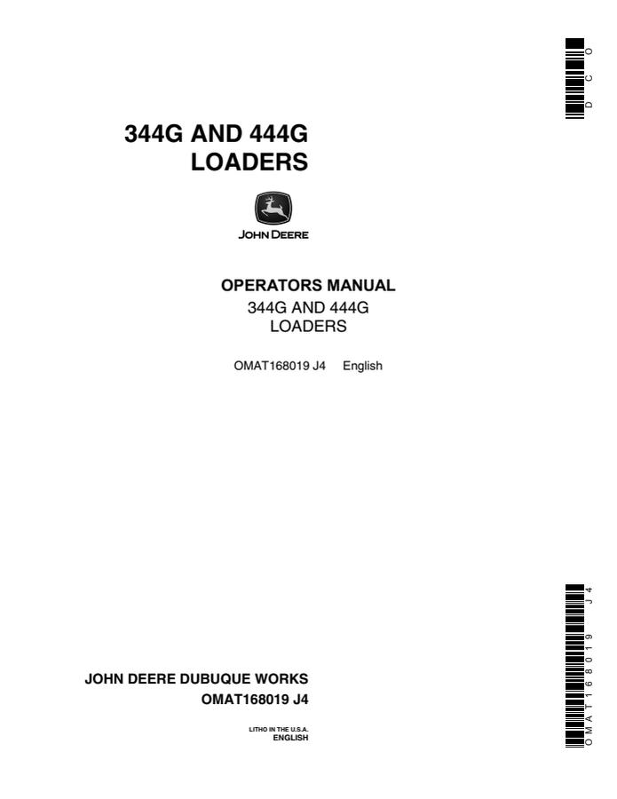 John Deere 344G and 444G Loader Operator manual OMAT168019 — actual manual cover