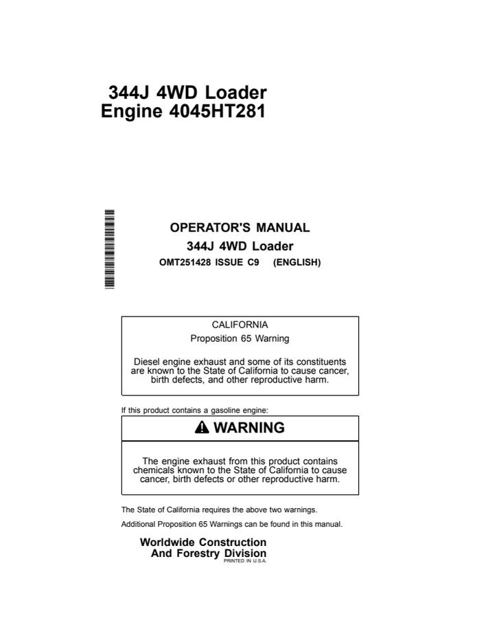 John Deere 344J 4WD Loader Operator manual OMT251428 — actual manual cover